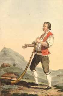 Herdsman with alphorn, hand-coloured etching. Marquard Wocher, Schaffhausen, c.1785