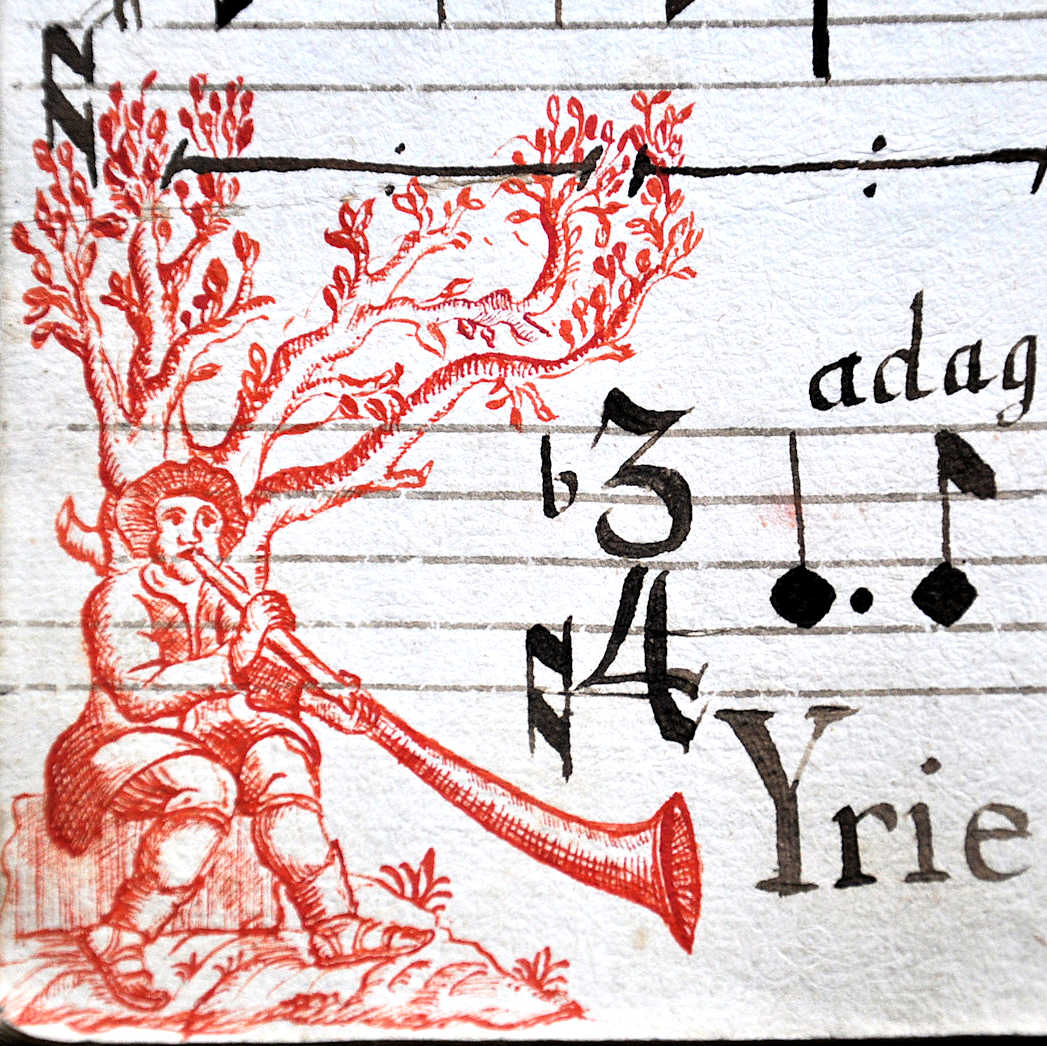 The initial letter K of the word Kyrie is created by this delightful scene, 17th century antiphonary, Horb am Neckar