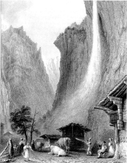 Alphorn player by the Staubbach waterfall, Lauterbrunnen. Etching, English, 1834